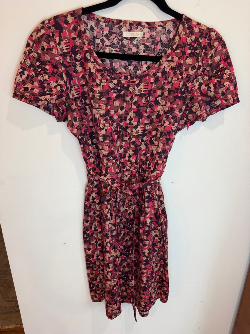 Tulle by Anthropologie Abstract 100% Cotton Short Sleeve Dress w/Tied Waist, M